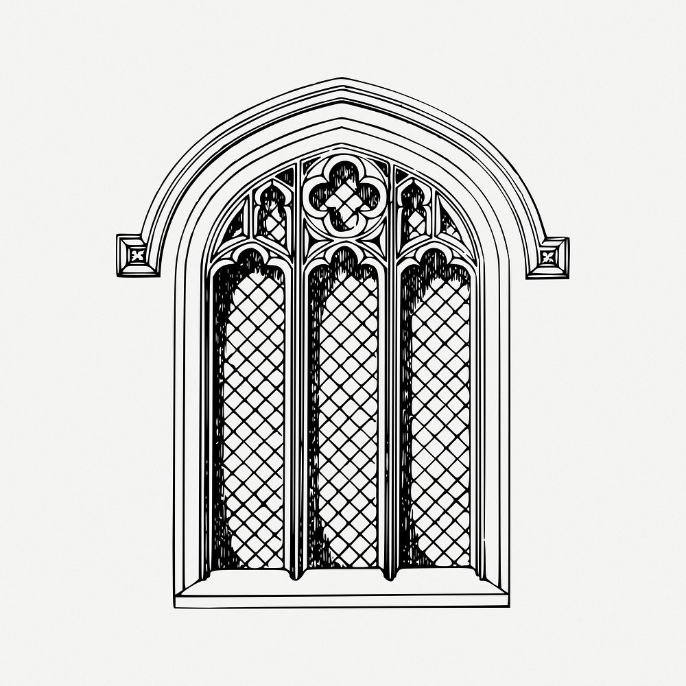 Church window drawing, architecture vintage illustration psd. Free public domain CC0 image.