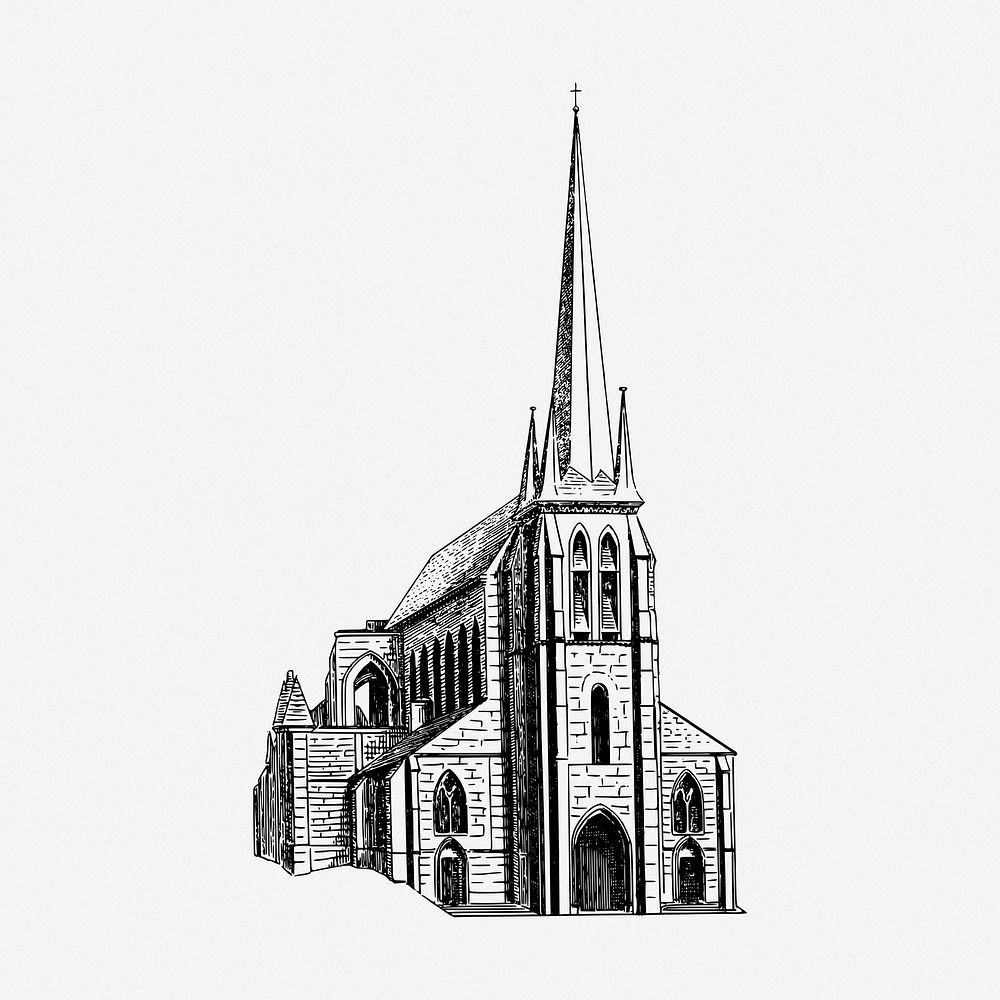 Church building drawing, architecture vintage illustration. Free public domain CC0 image.