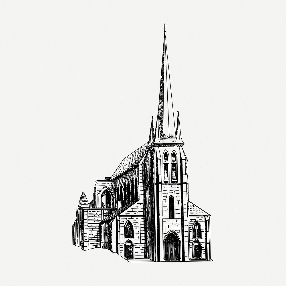 Church building drawing, architecture vintage illustration psd. Free public domain CC0 image.