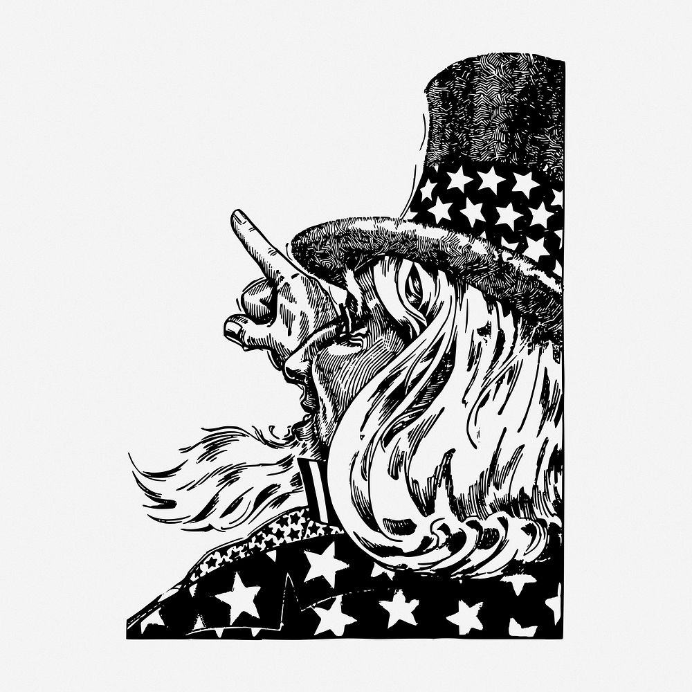 Uncle Sam pointing finger drawing, American mascot vintage illustration. Free public domain CC0 image.