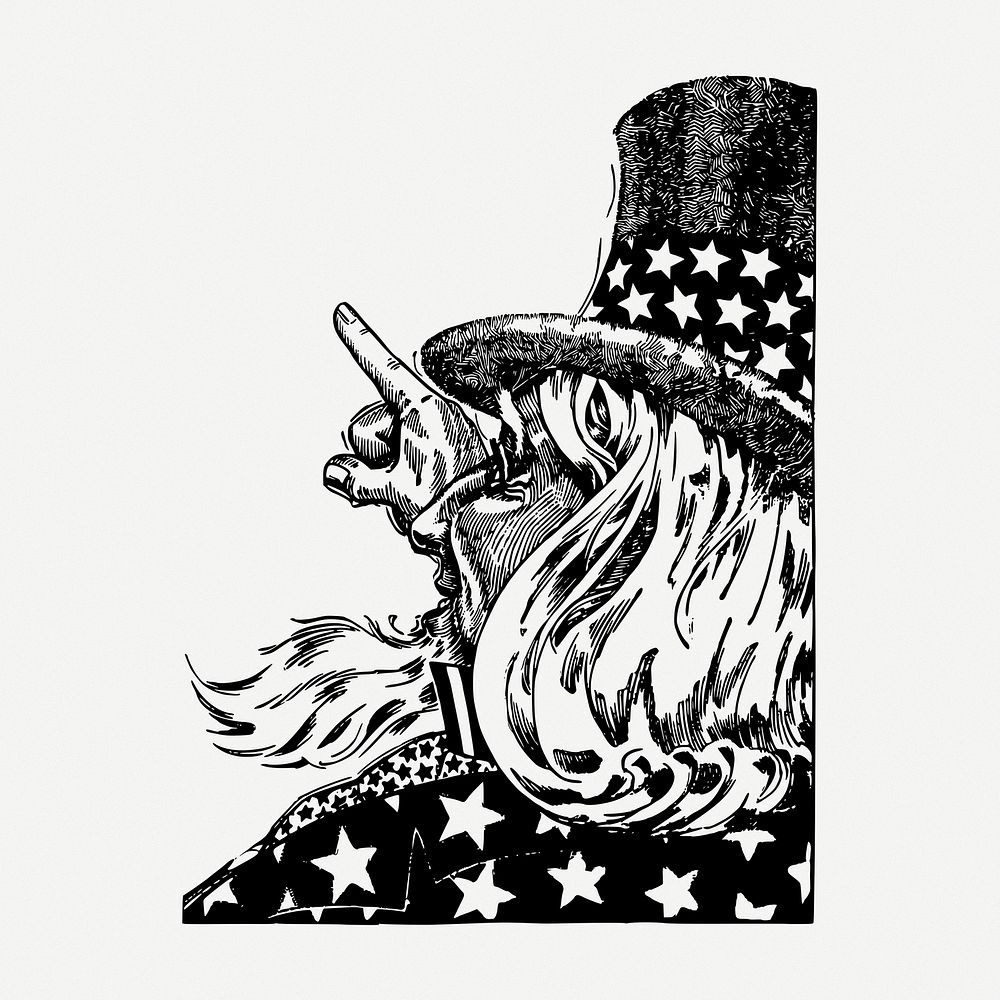 Uncle Sam pointing finger drawing, American mascot vintage illustration psd. Free public domain CC0 image.
