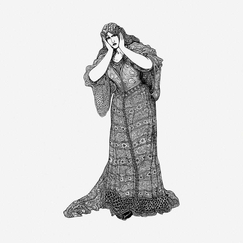 Scared lady in dress drawing, vintage illustration psd. Free public domain CC0 image.