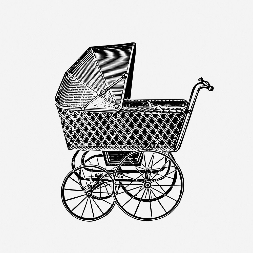 Pram, baby stroller drawing, vintage illustration. Free public domain CC0 image.