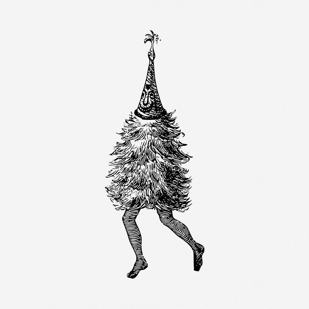 Walking Christmas tree drawing, comic vintage illustration. Free public domain CC0 image.
