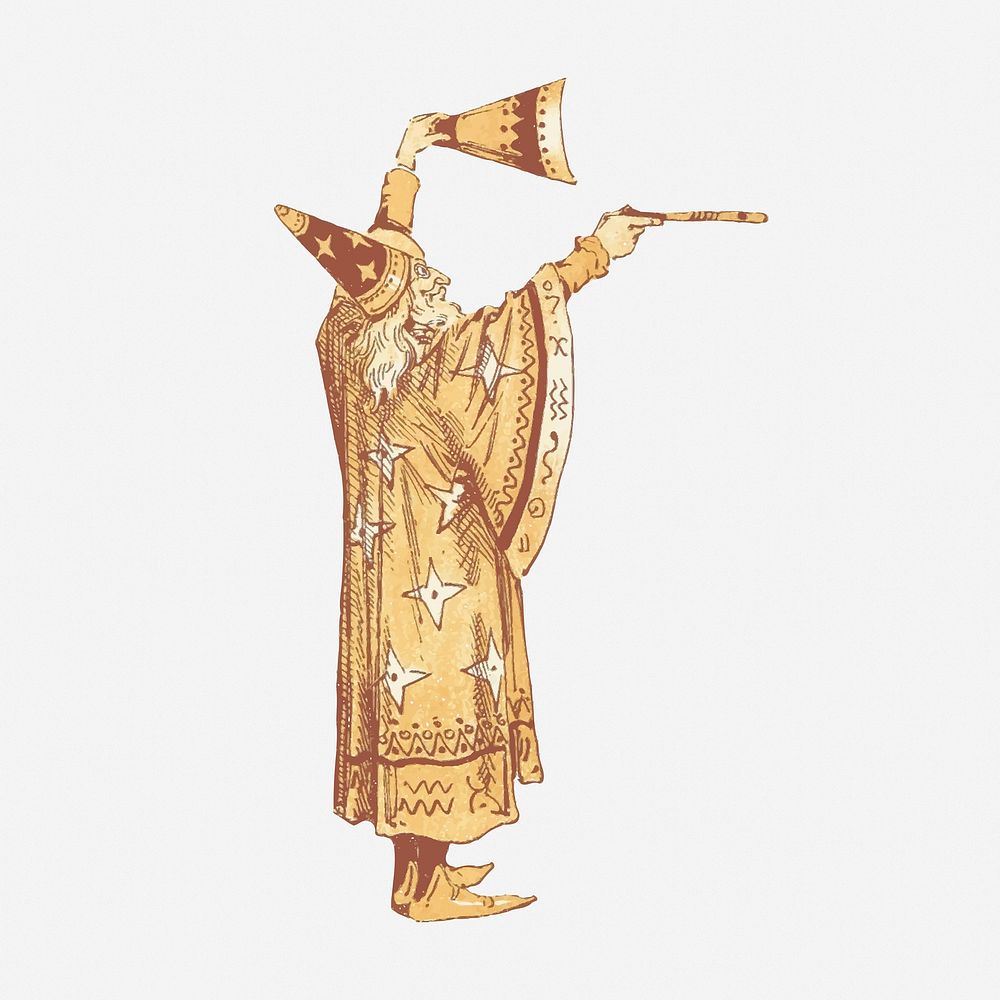 Golden wizard drawing, fairytale character, vintage illustration. Free public domain CC0 image.