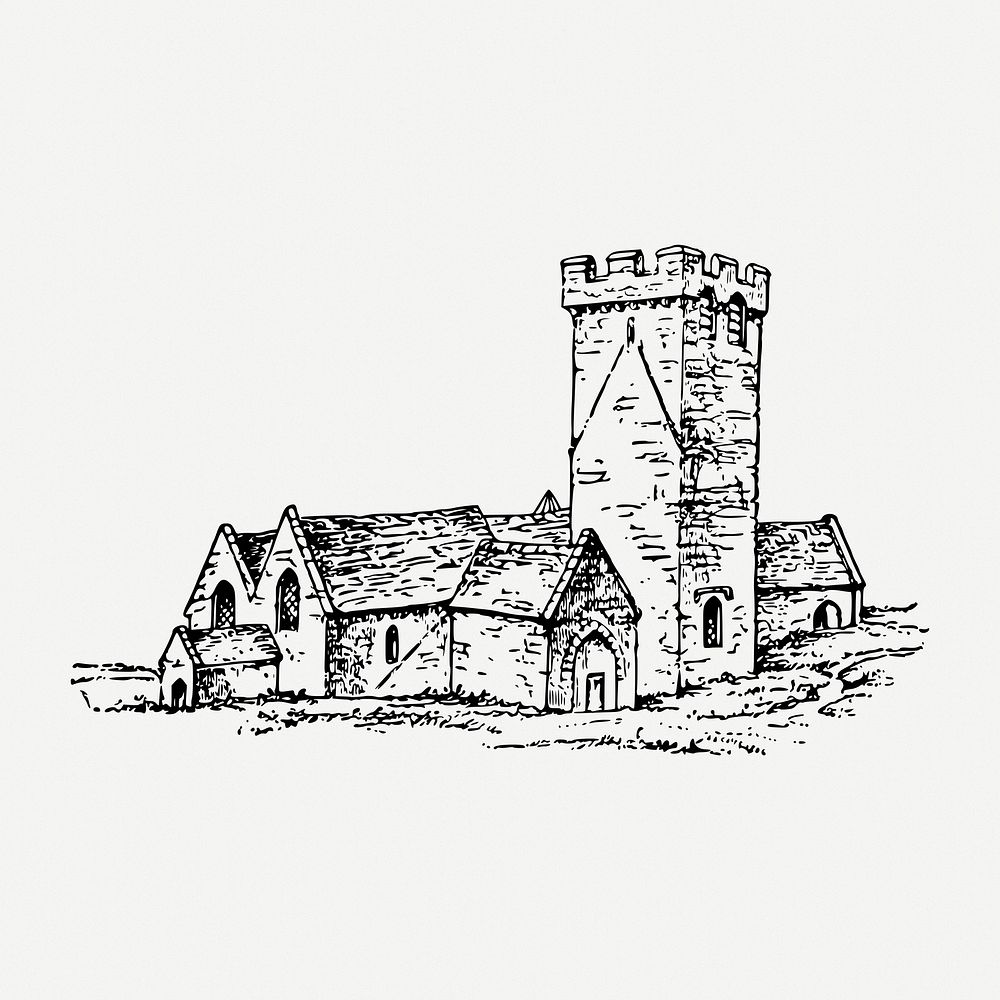 Castlemartin church drawing, religious vintage illustration psd. Free public domain CC0 image.