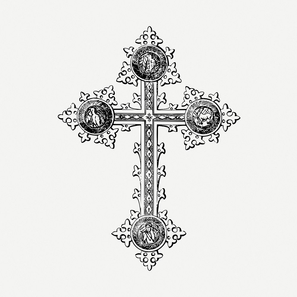 Ethiopian cross drawing, religion, vintage illustration psd. Free public domain CC0 image.