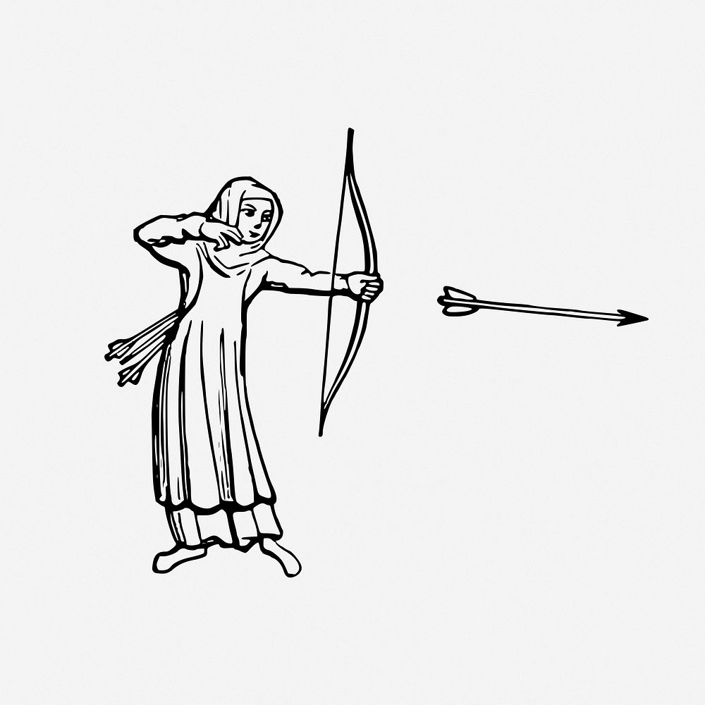 Female archer drawing, sport vintage illustration. Free public domain CC0 image.