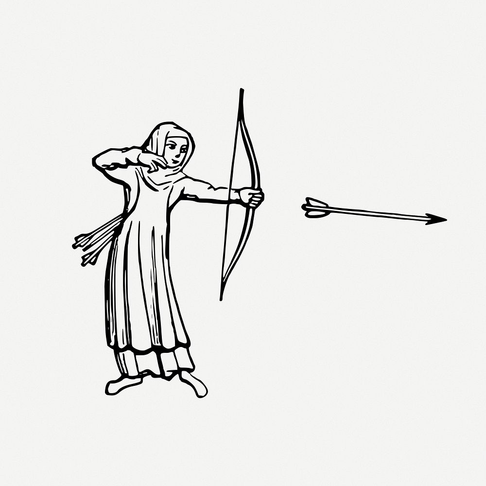 Female archer drawing, sport vintage illustration psd. Free public domain CC0 image.