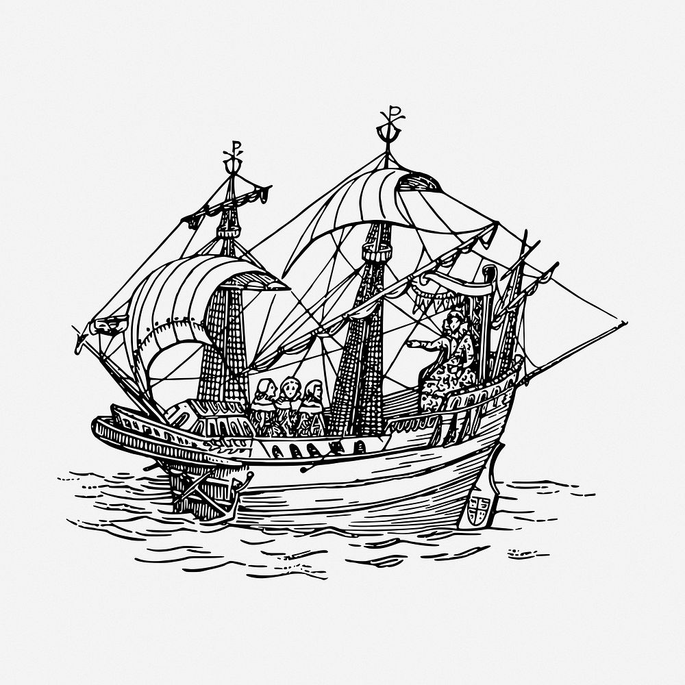 Sailing ship drawing, vehicle, vintage transportation illustration. Free public domain CC0 image.