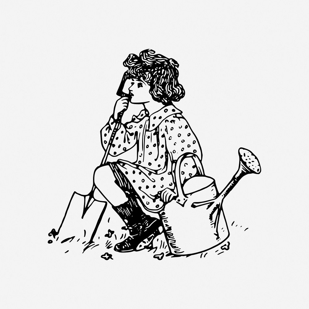 Gardening girl drawing, hobby, vintage illustration. Free public domain CC0 image.