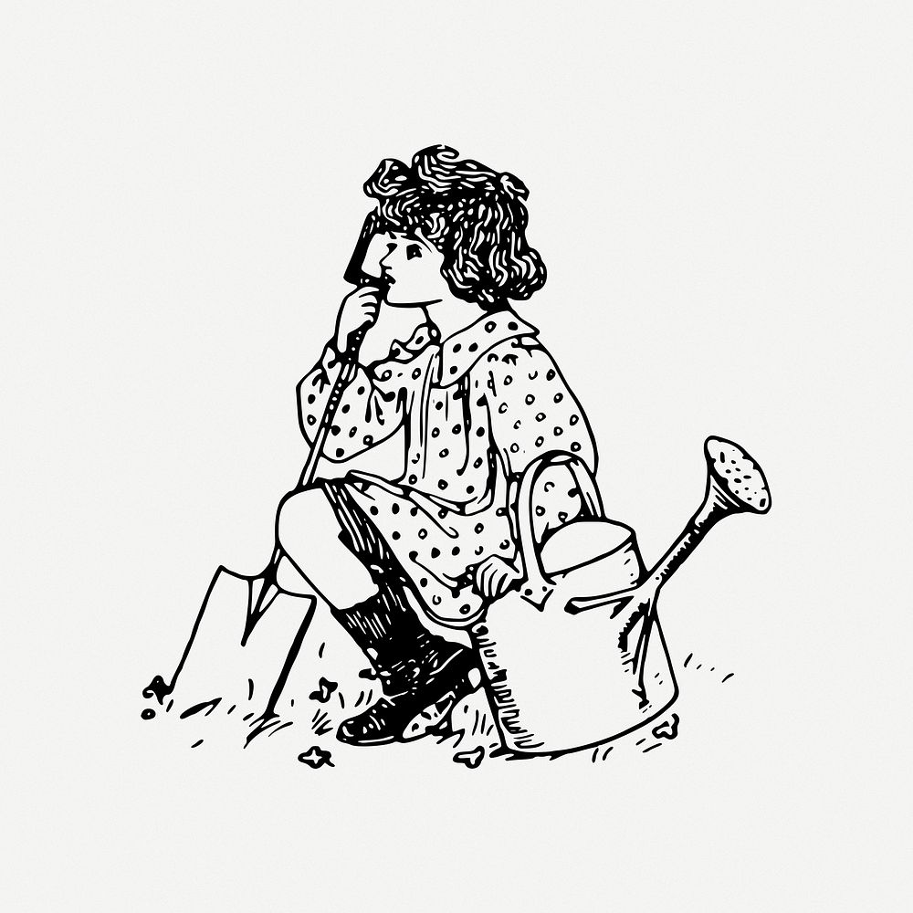 Gardening girl drawing, hobby, vintage illustration psd. Free public domain CC0 image.