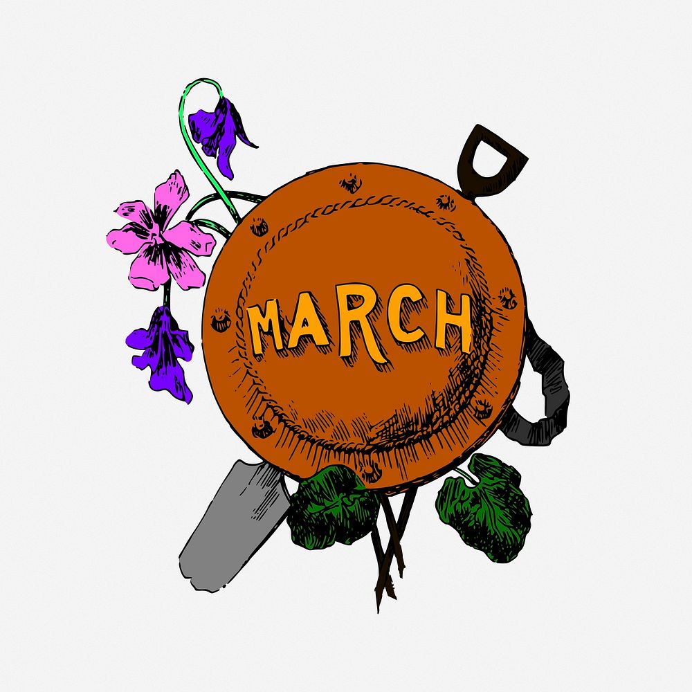 March flower badge clipart, vintage illustration. Free public domain CC0 image.