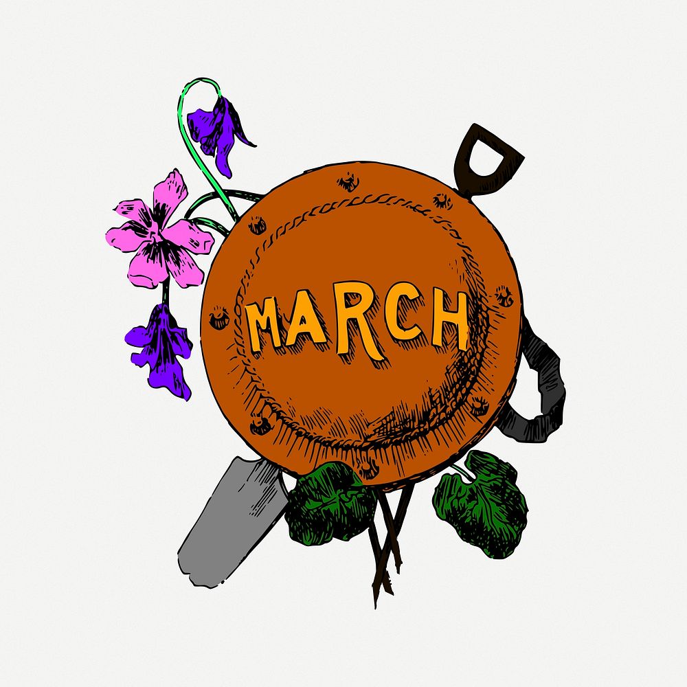 March flower badge sticker, vintage illustration psd. Free public domain CC0 image.