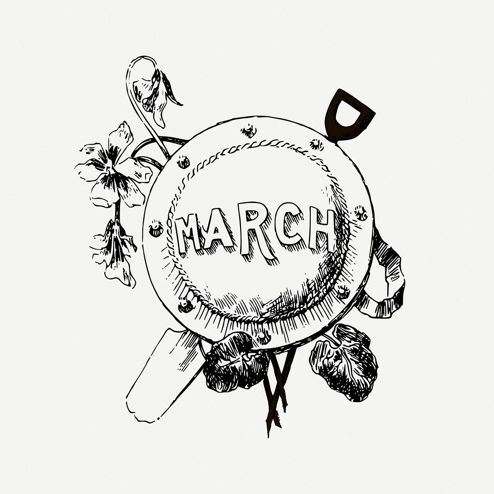 March flower badge drawing,  vintage illustration psd. Free public domain CC0 image.