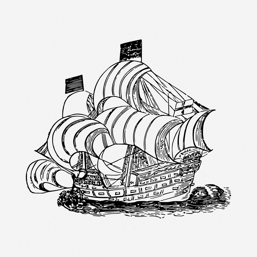 Golden Hind ship drawing, vintage vehicle illustration. Free public domain CC0 image.