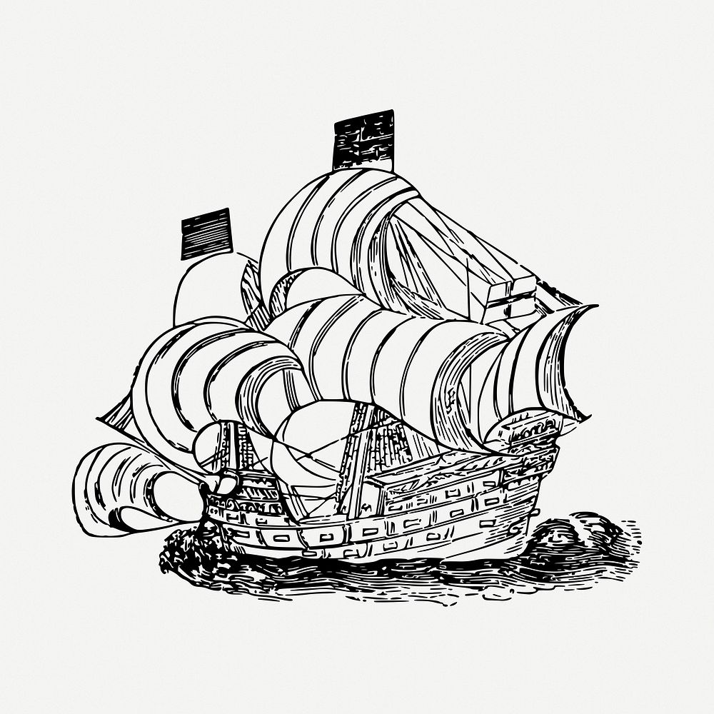 Golden Hind ship drawing, vehicle vintage illustration psd. Free public domain CC0 image.