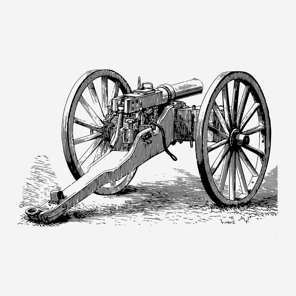 Mitrailleuse drawing, vintage military weapon illustration. Free public domain CC0 image.