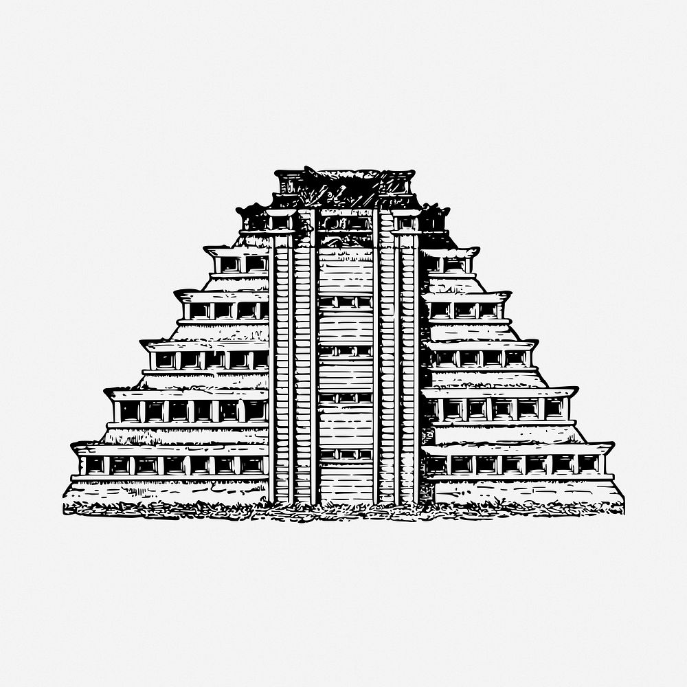 Latin American pyramid drawing, vintage historical landmark illustration. Free public domain CC0 image.