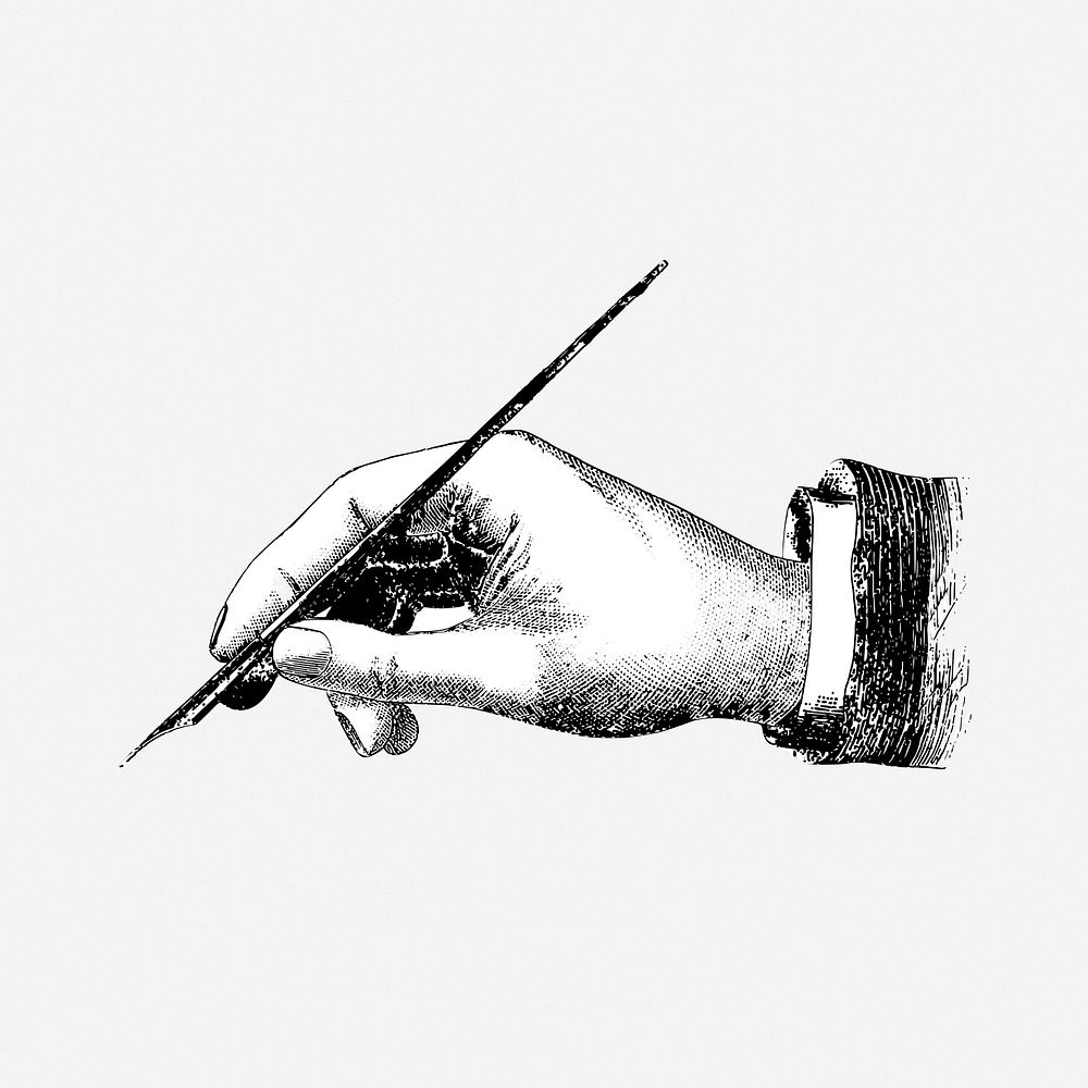 Hand holding pen drawing, vintage gesture illustration. Free public domain CC0 image.