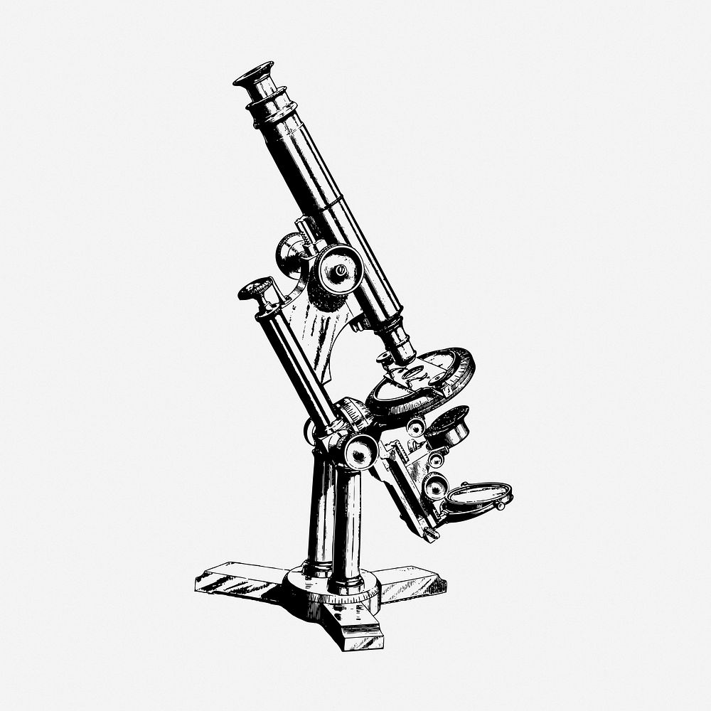 Microscope drawing, vintage laboratory instrument illustration. Free public domain CC0 image.