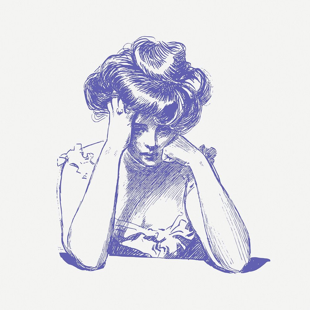 Sad woman drawing,  vintage illustration psd. Free public domain CC0 image.