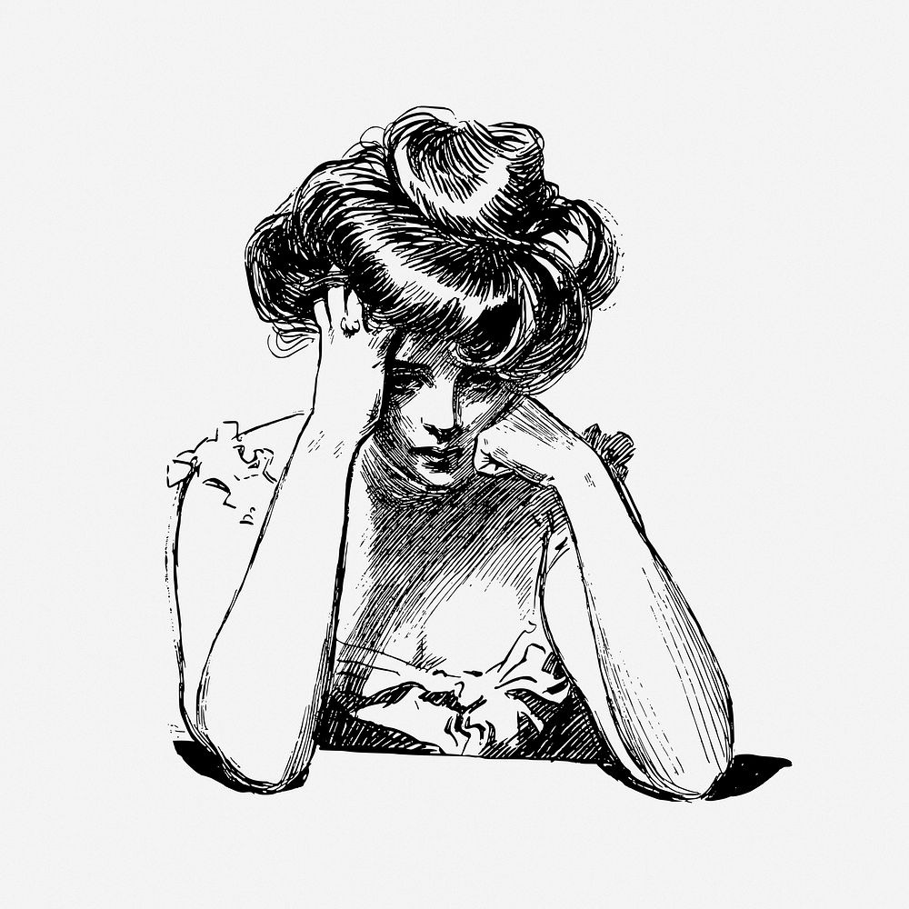 Sad woman drawing, vintage illustration. Free public domain CC0 image.