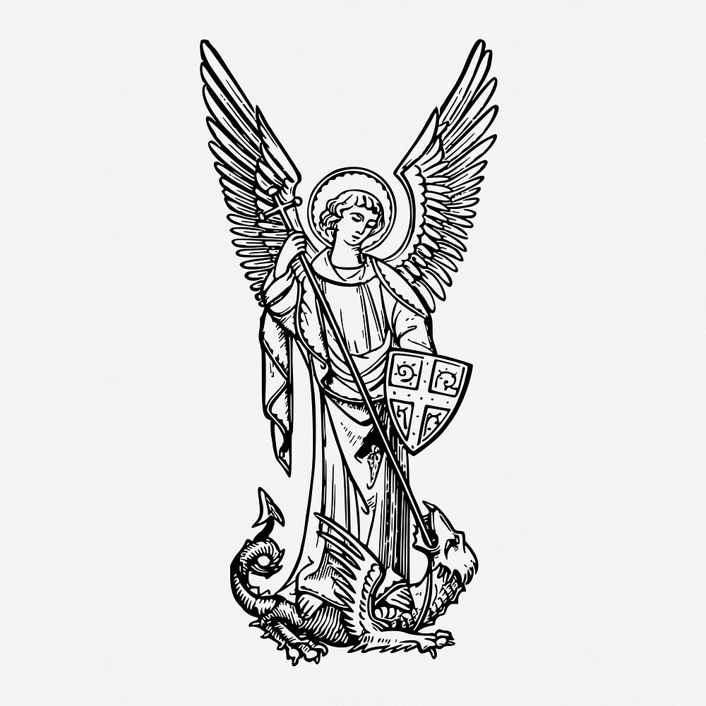 Saint Michael archangel drawing, vintage religious illustration. Free public domain CC0 image.