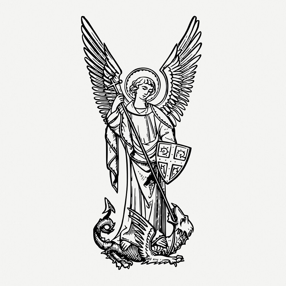 Saint Michael archangel drawing, religious vintage illustration psd. Free public domain CC0 image.