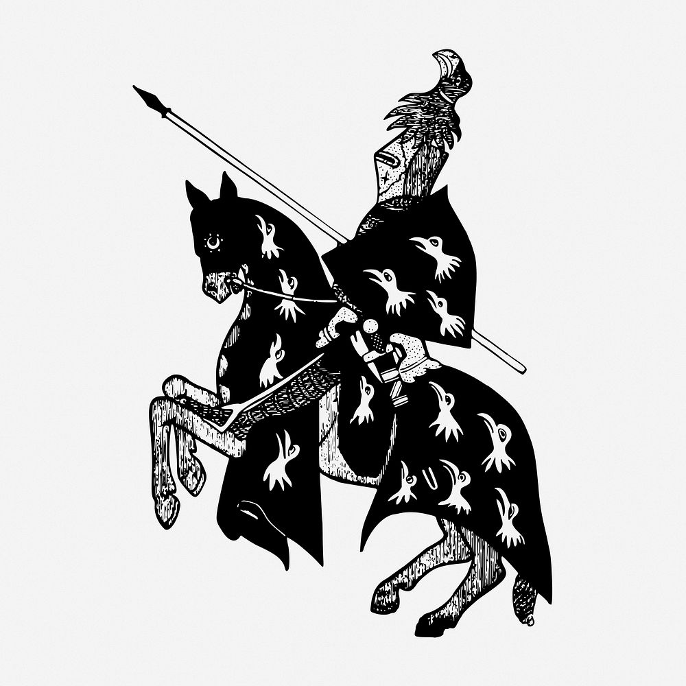Knight on horseback drawing, medieval illustration. Free public domain CC0 image.