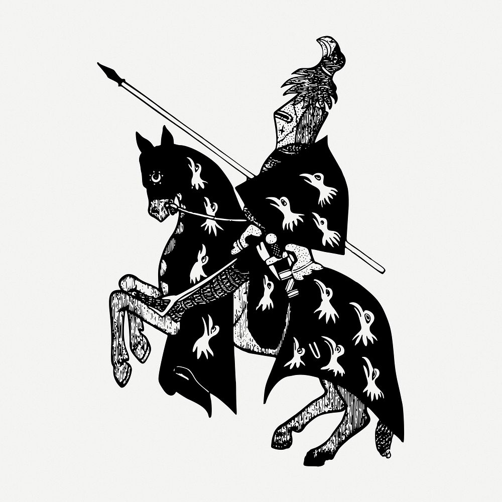 Knight on horseback drawing, medieval illustration psd. Free public domain CC0 image.