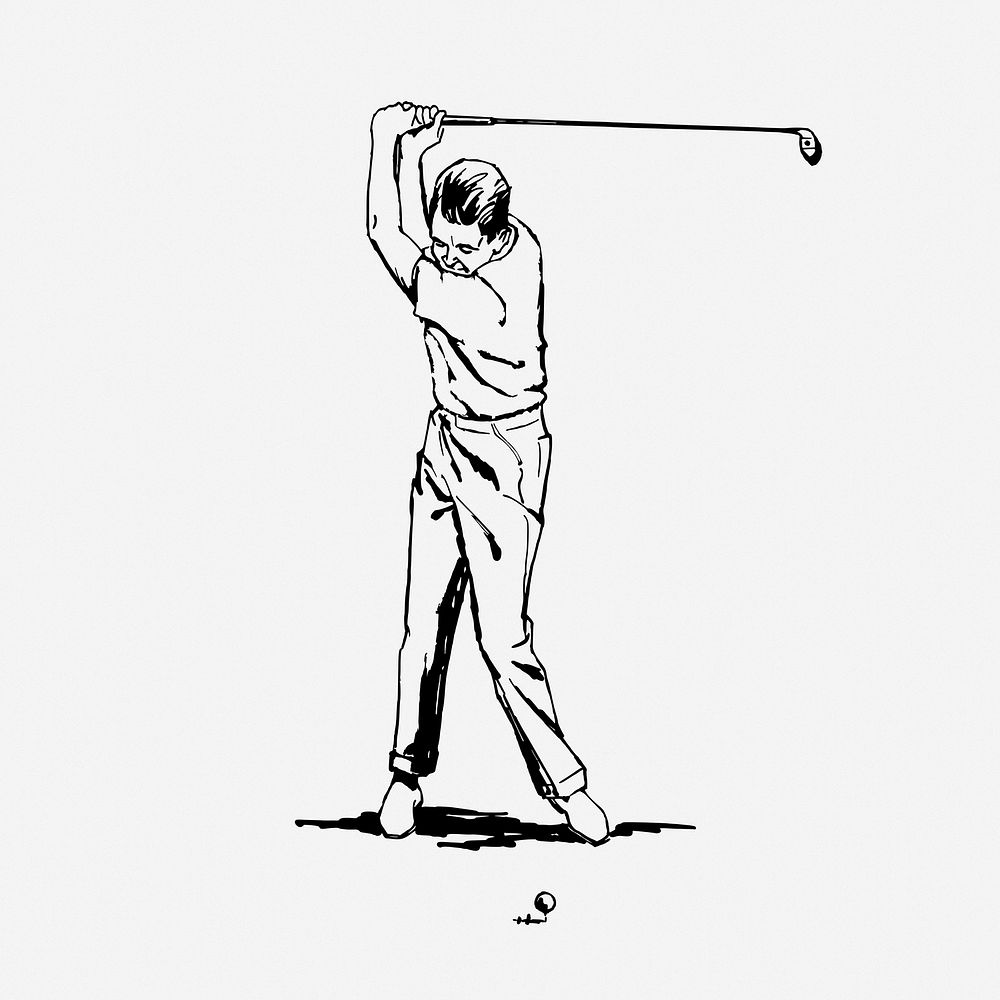 Male golfer drawing, vintage sport illustration. Free public domain CC0 image.