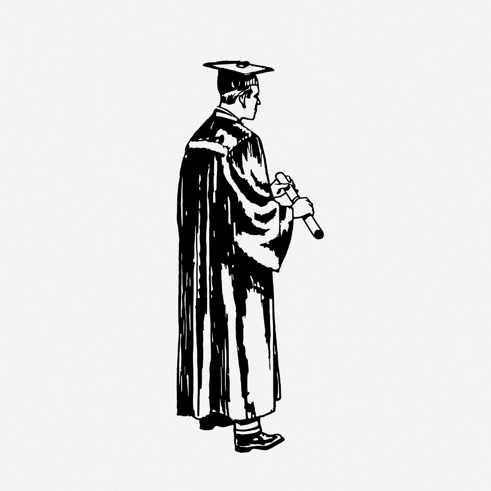 Man wearing regalia drawing, vintage graduation illustration. Free public domain CC0 image.