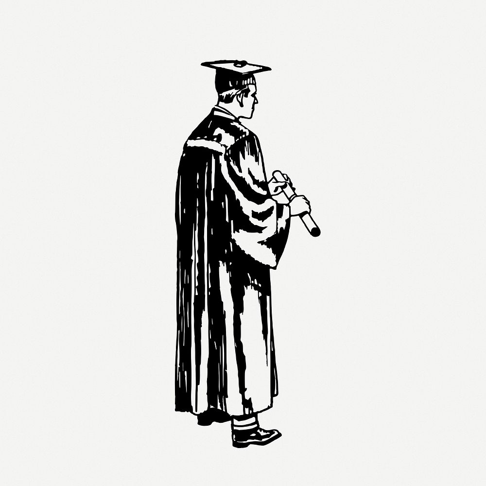 Man wearing regalia drawing, graduation vintage illustration psd. Free public domain CC0 image.