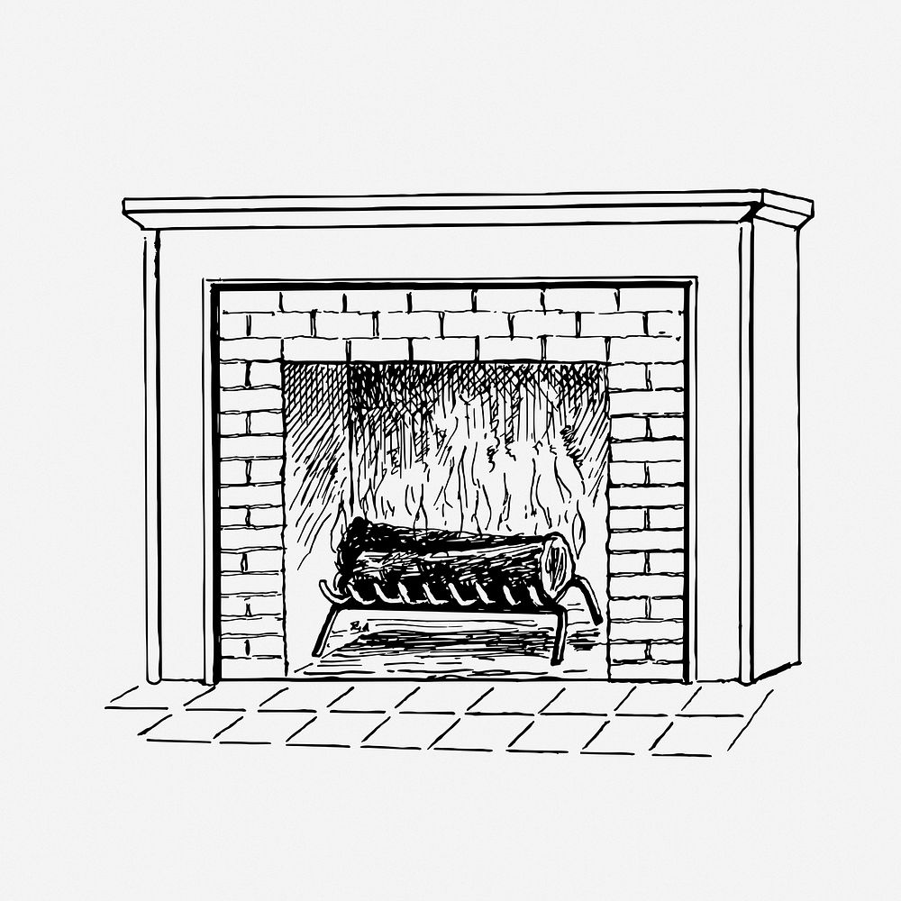 Fireplace drawing, vintage interior illustration. Free public domain CC0 image.