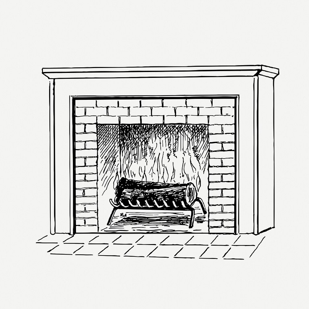 Fireplace drawing, interior vintage illustration psd. Free public domain CC0 image.