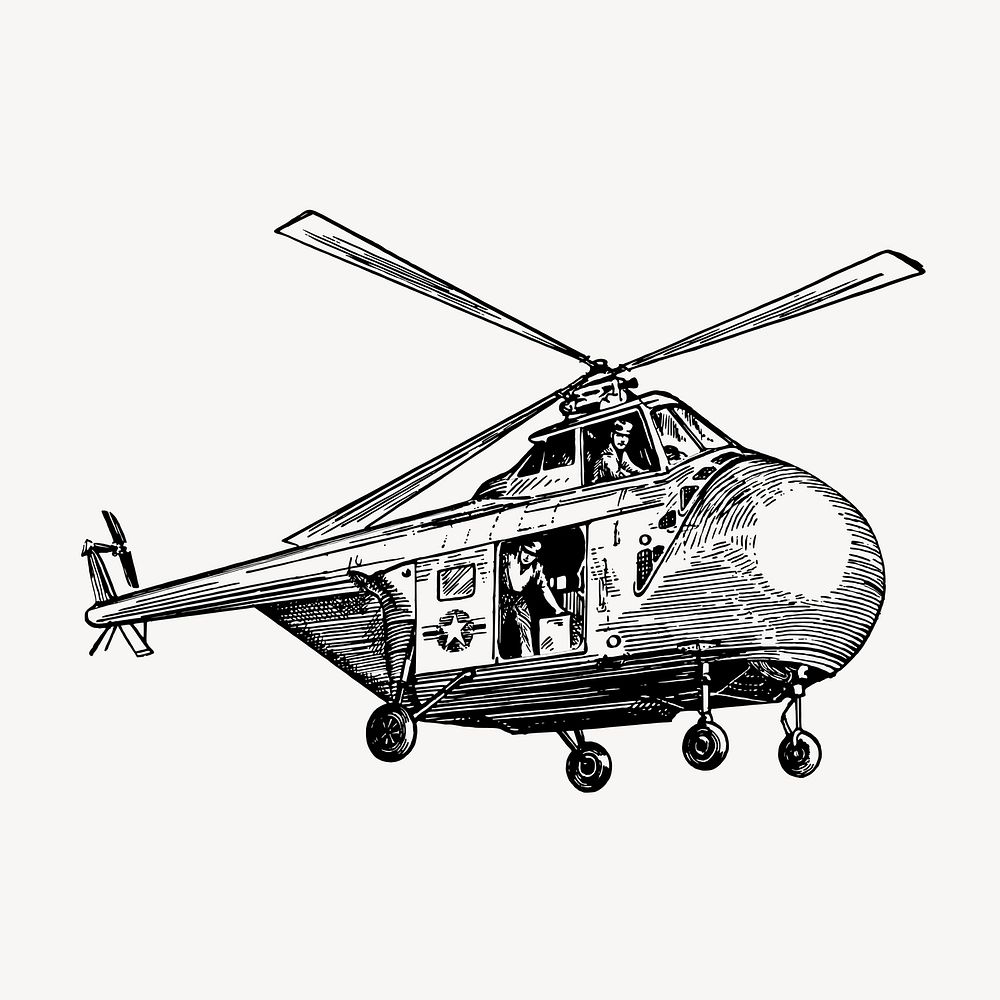 Helicopter clipart, vintage military vehicle illustration vector. Free public domain CC0 image.
