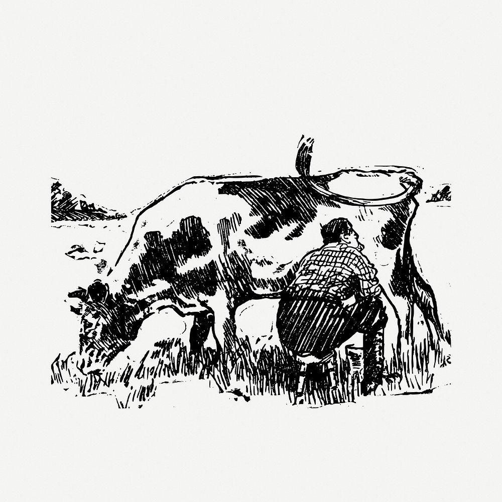 Feeding cow drawing, livestock animal vintage illustration psd. Free public domain CC0 image.