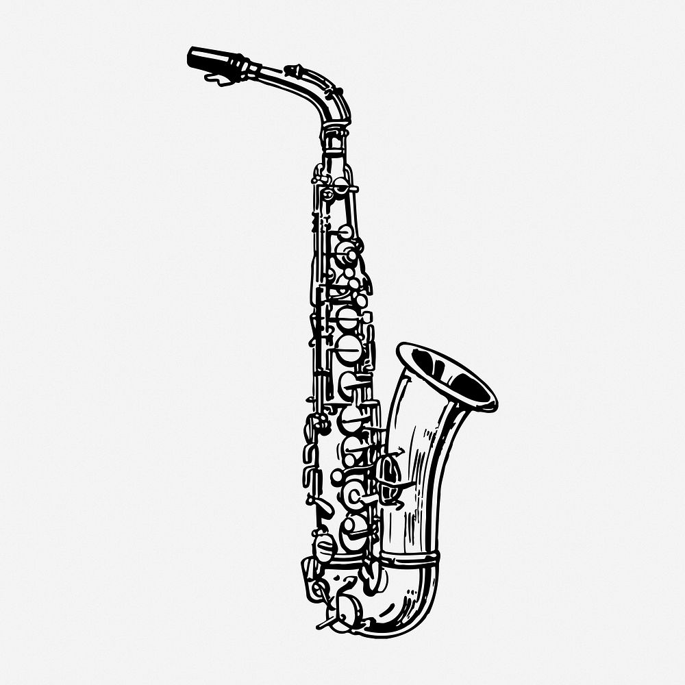 Saxophone drawing, vintage musical instrument illustration. Free public domain CC0 image.