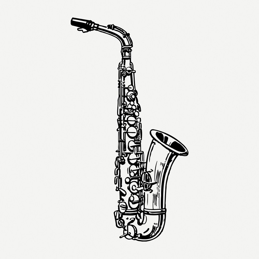 Saxophone drawing, musical instrument vintage illustration psd. Free public domain CC0 image.