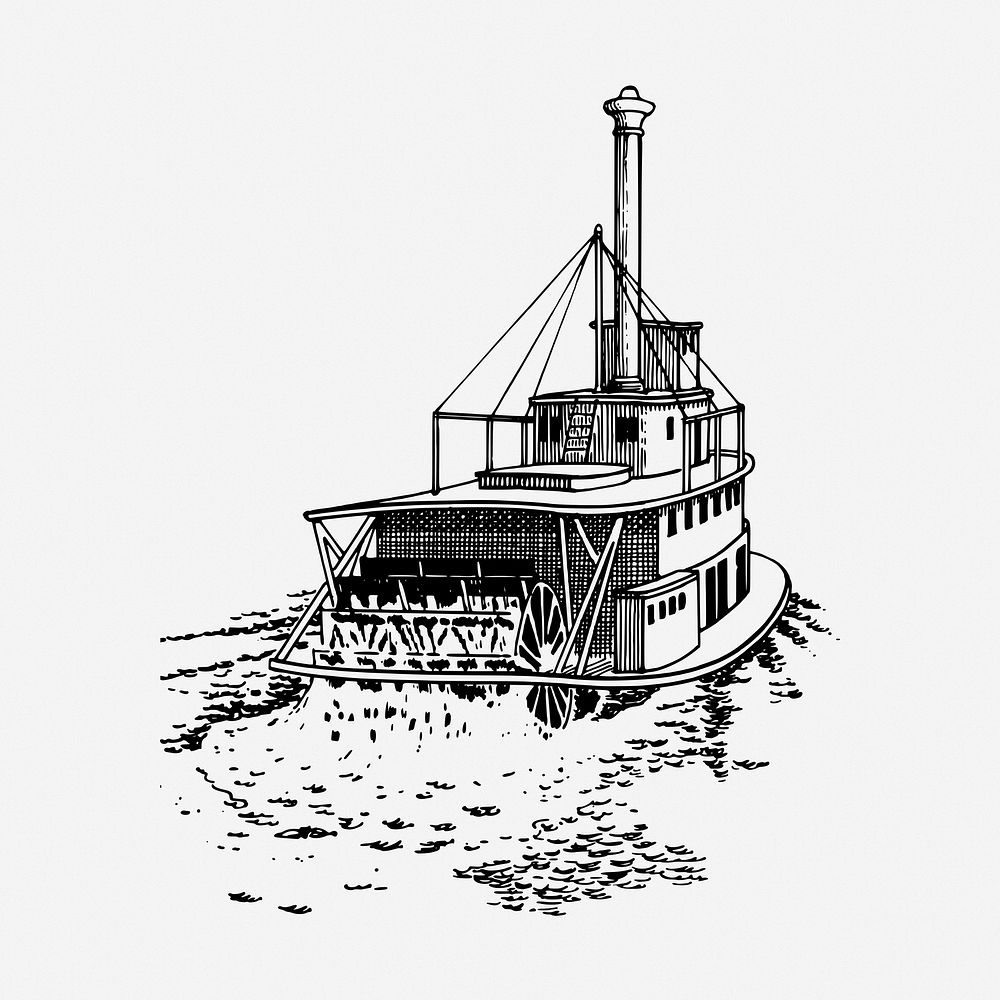Sternwheeler ship drawing, vintage tourist vehicle illustration. Free public domain CC0 image.
