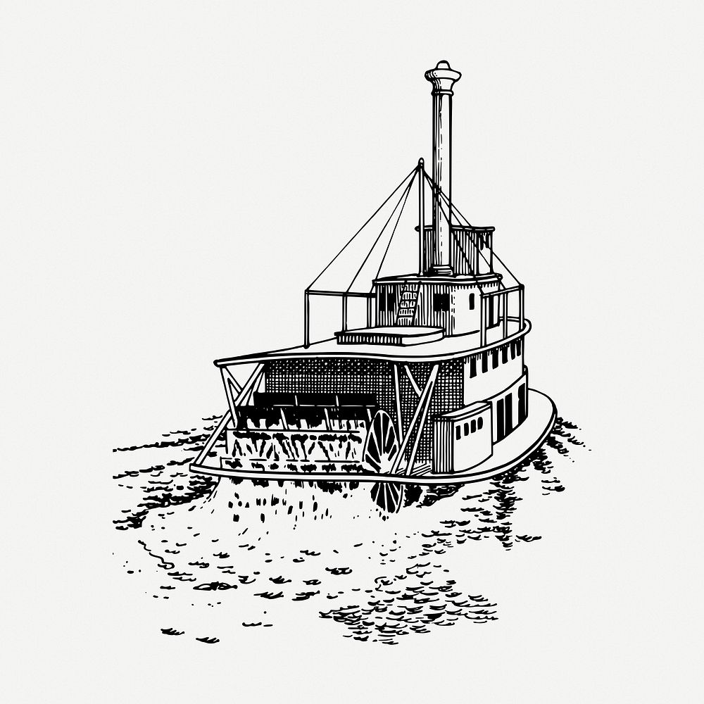 Sternwheeler ship drawing, tourist vehicle vintage illustration psd. Free public domain CC0 image.