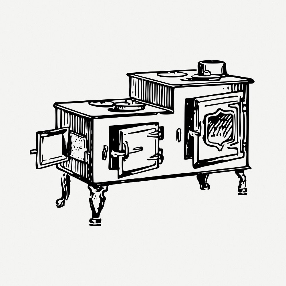 Old-fashioned stove drawing, kitchen appliance vintage illustration psd. Free public domain CC0 image.