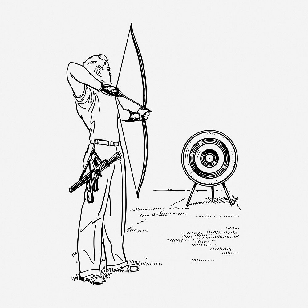 Male archer aiming drawing, vintage sport illustration. Free public domain CC0 image.