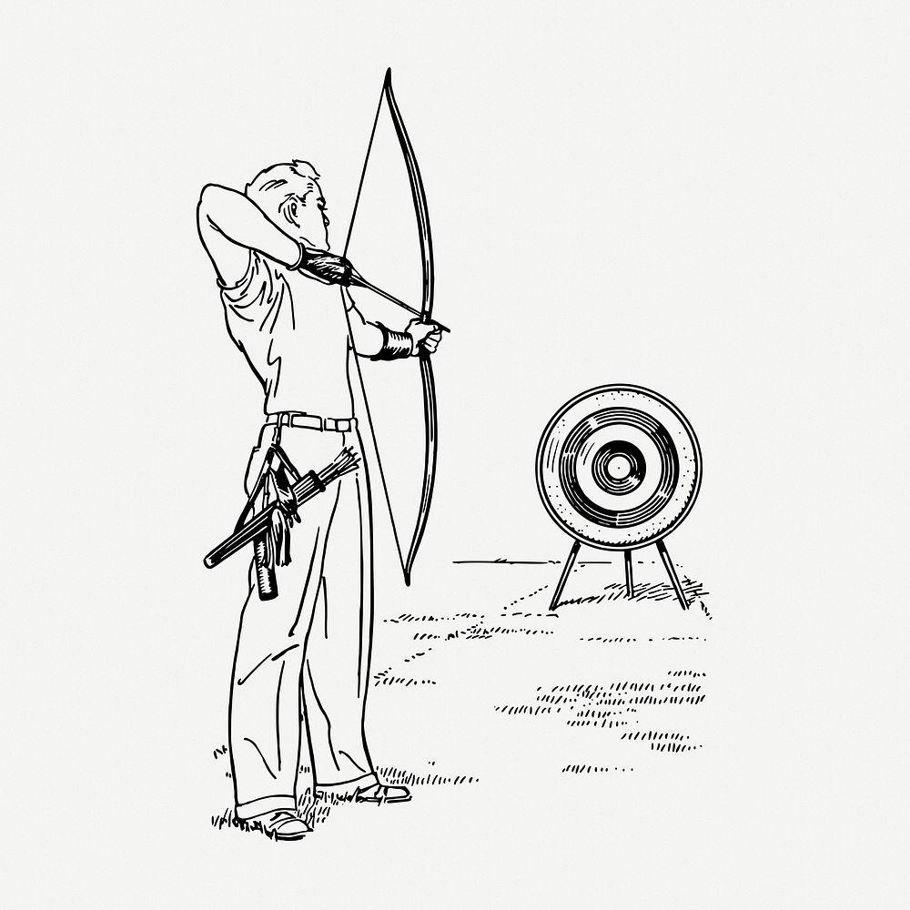 Male archer aiming drawing, sport vintage illustration psd. Free public domain CC0 image.