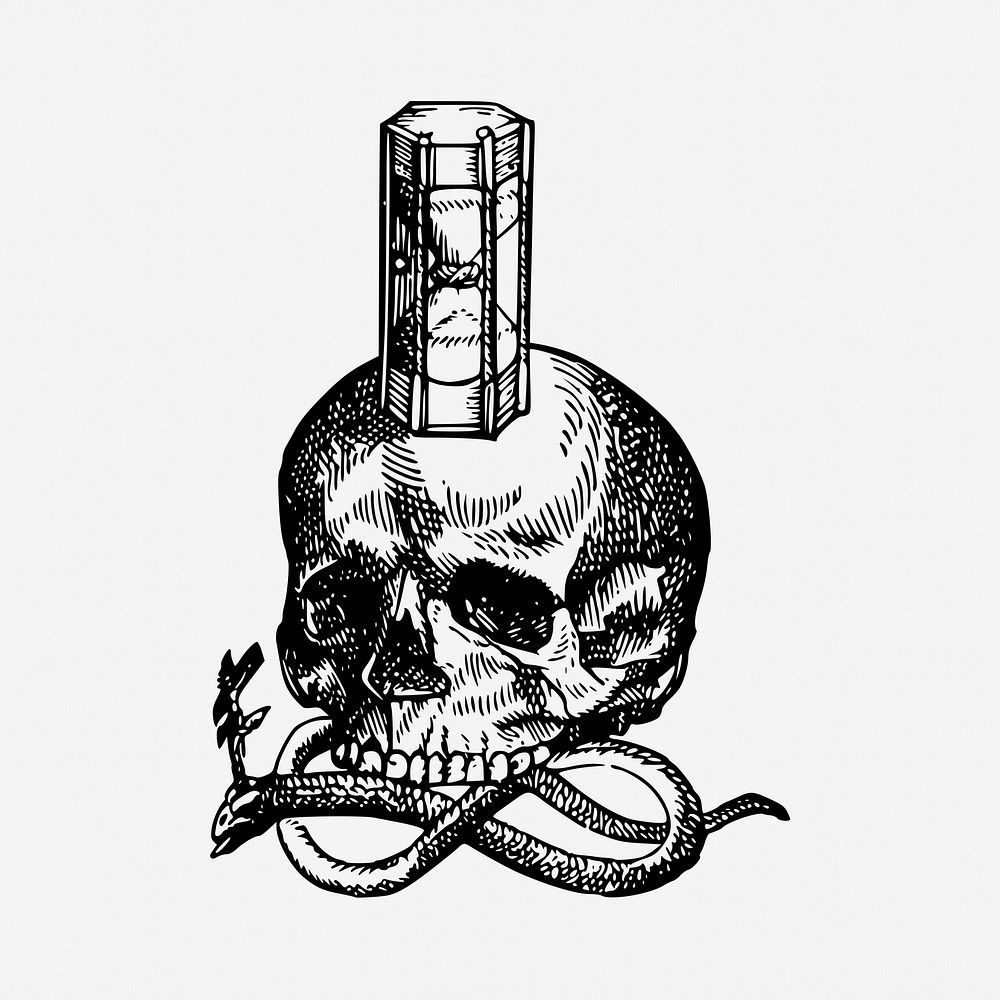 Hourglass skull drawing, vintage dark fantasy illustration. Free public domain CC0 image.