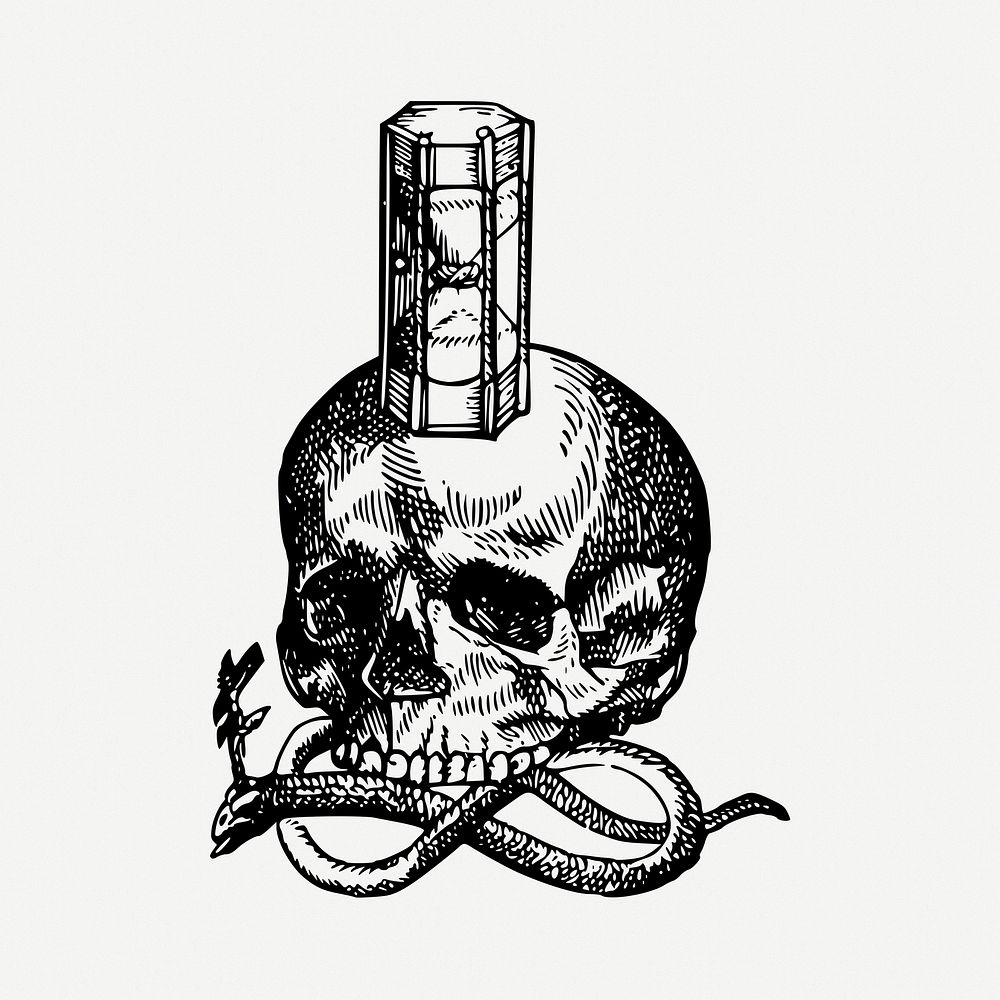 Hourglass skull drawing, dark fantasy vintage illustration psd. Free public domain CC0 image.