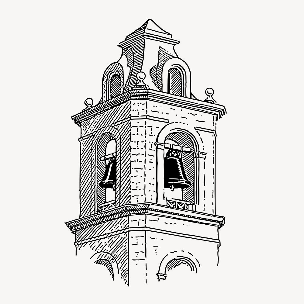 Bell tower clipart, vintage illustration vector. Free public domain CC0 image.