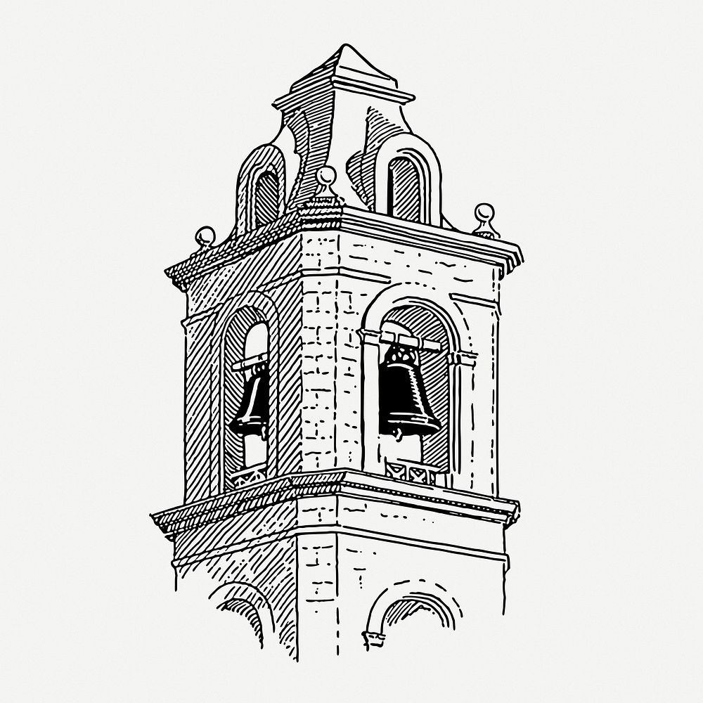 Bell tower drawing, vintage illustration psd. Free public domain CC0 image.