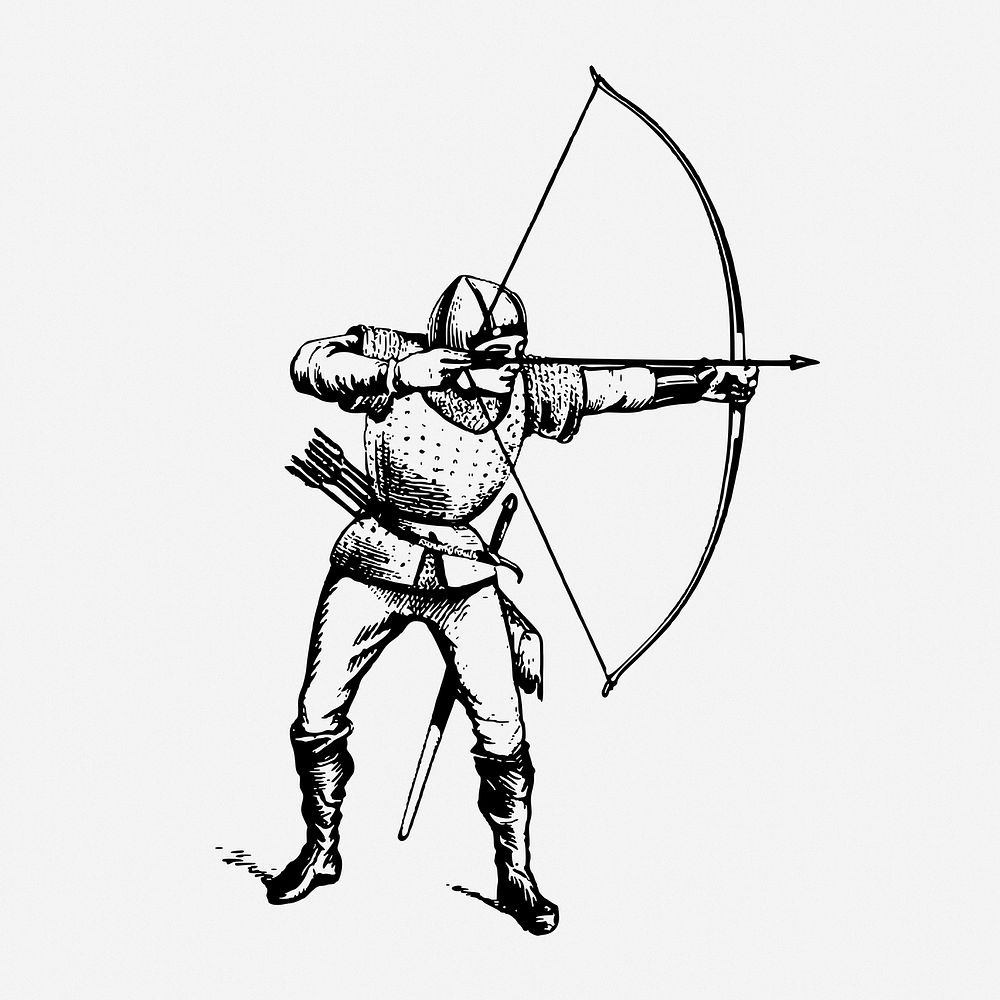 Longbowman knight drawing, vintage illustration. Free public domain CC0 image.
